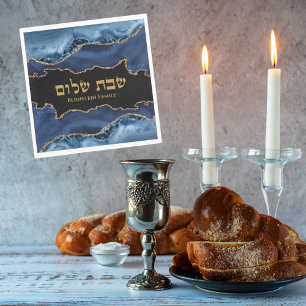 Navy Blue Gold Agate Marble Hebrew Shabbat Shalom Napkin