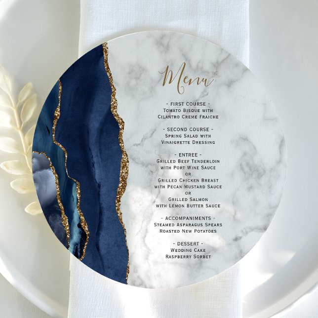 Navy Blue Gold Agate Marble Round Plate Wedding Menu (Creator Uploaded)