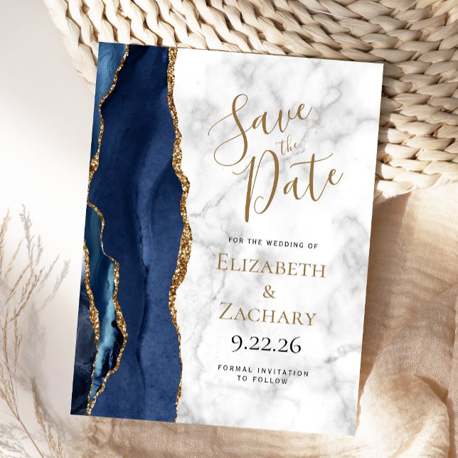 Navy Blue Gold Agate Marble Save the Date Announcement Postcard (Creator Uploaded)