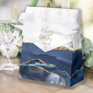 Navy Blue Gold Agate Marble Wedding Favour Box
