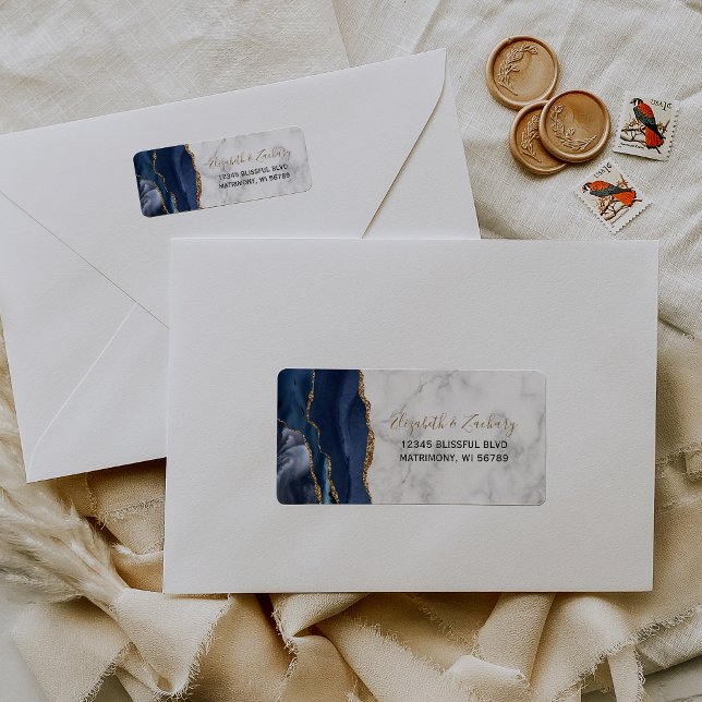 Navy Blue Gold Agate Marble Wedding Return Address (Creator Uploaded)