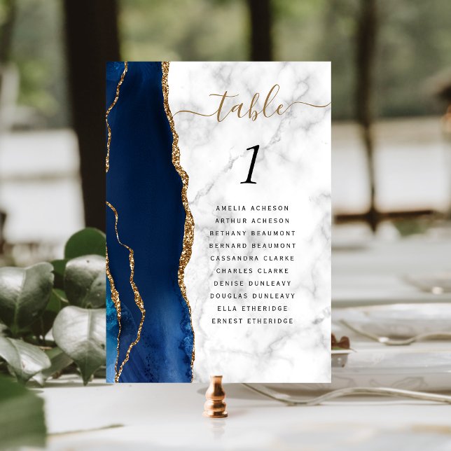Navy Blue Gold Agate Marble Wedding Table Number (Creator Uploaded)