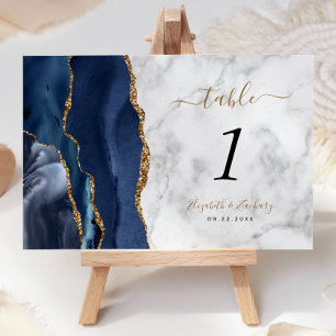 Navy Blue Gold Agate Marble Wedding Table Number