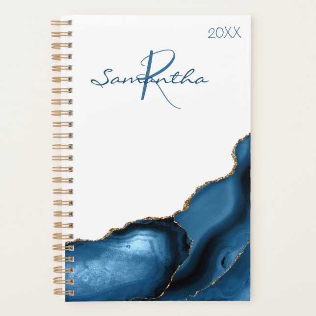 Navy Blue Gold Agate Marble Yearly Monogram Planner (Front)
