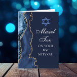 Navy Blue Gold Agate Mazel Tov Bat Mitzvah Card<br><div class="desc">Elegant navy blue and gold agate decorates the side of this modern Bat Mitzvah party congratulations card. Mazel Tov! Customise it under the Star of David. Perfect greeting card for a chic,  stylish Jewish family celebrating a girl being called to the Torah.</div>