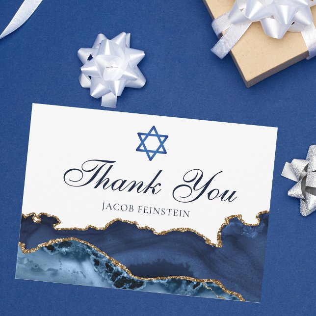 Navy Blue Gold Agate Modern Custom Bar Mitzvah Thank You Card (Creator Uploaded)