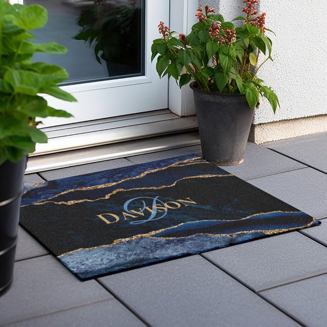 Navy Blue Gold Agate Monogram Modern Doormat (Creator Uploaded)