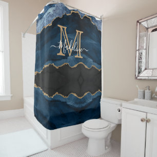 Navy Blue Gold Agate Monogram Name Script Initial Shower Curtain