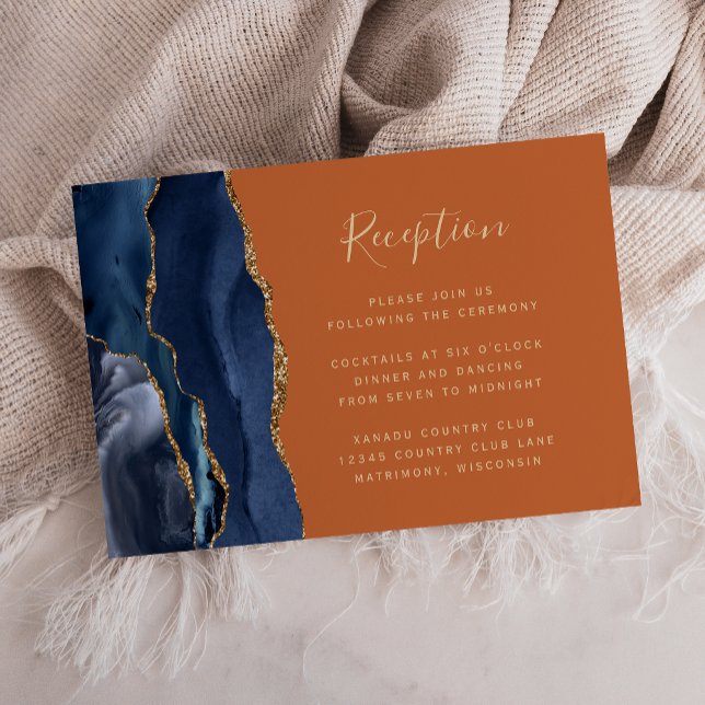 Navy Blue Gold Agate Orange Wedding Reception Enclosure Card (Creator Uploaded)