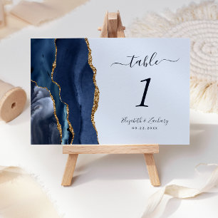 Navy Blue Gold Agate Pastel Wedding Table Number