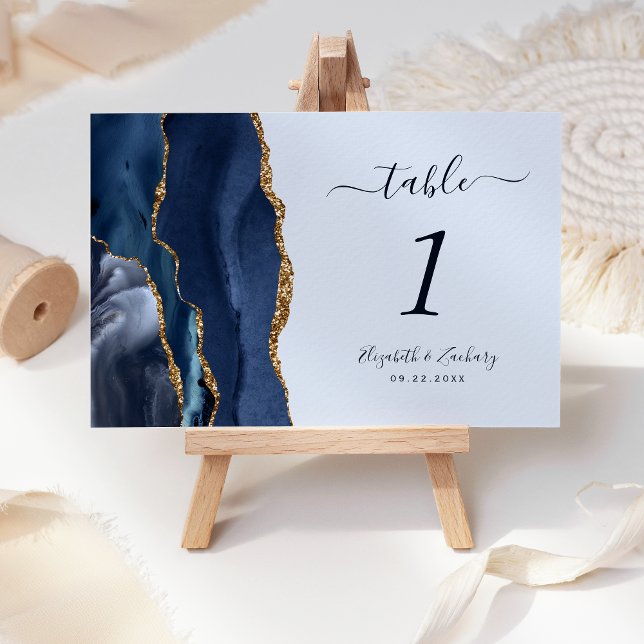 Navy Blue Gold Agate Pastel Wedding Table Number (Creator Uploaded)