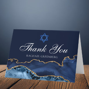 Navy Blue Gold Agate Personalised Bat Mitzvah Thank You Card