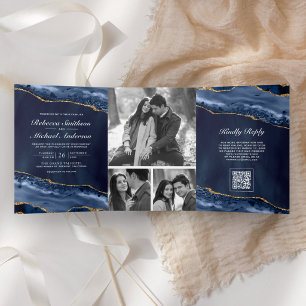 Navy Blue Gold Agate Photo Collage QR Code Wedding Tri-Fold Invitation