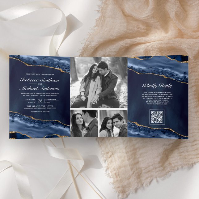 Navy Blue Gold Agate Photo Collage QR Code Wedding Tri-Fold Invitation (Creator Uploaded)