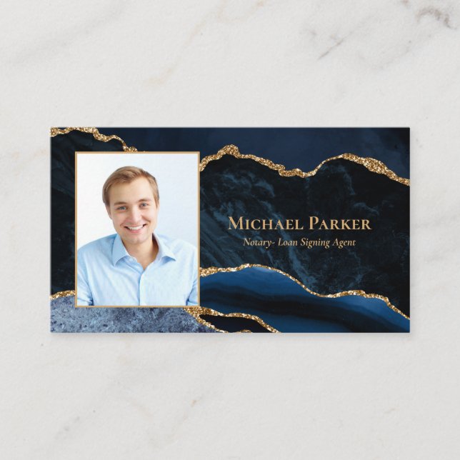 Navy Blue Gold Agate Photo Professional Business Card (Front)