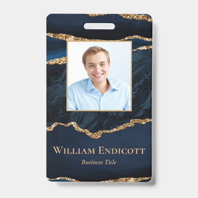 Navy Blue Gold Agate Professional ID Badge (Front)