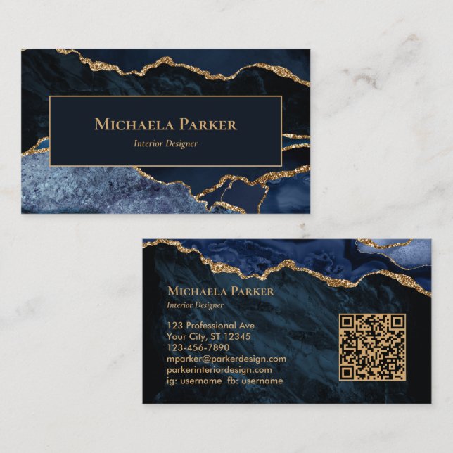 Navy Blue Gold Agate Professional QR Code Business Card (Front/Back)