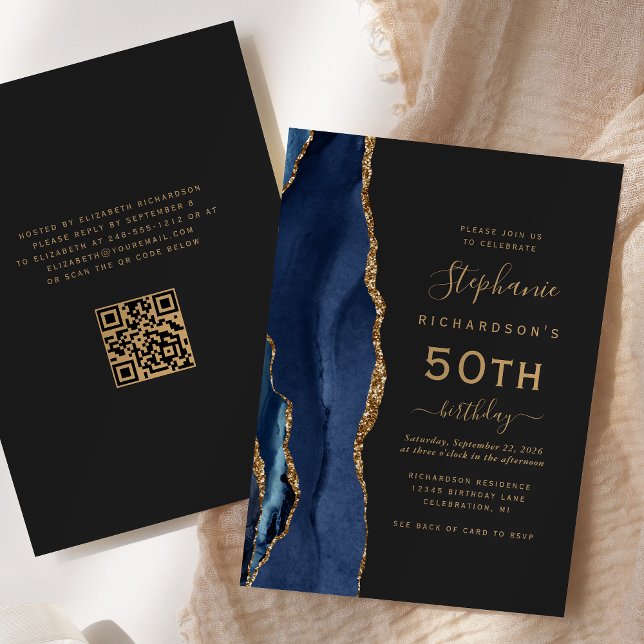 Navy Blue Gold Agate QR Code 50th Birthday Invitation (Creator Uploaded)
