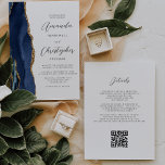 Navy Blue Gold Agate QR Code Wedding Invitation<br><div class="desc">The left-hand edge of this elegant modern wedding invitation features a navy blue watercolor agate border trimmed with faux gold glitter. The customisable text combines charcoal grey script and sans serif fonts on a white background. The reverse side provides space for wedding details, along with a QR code guests can...</div>