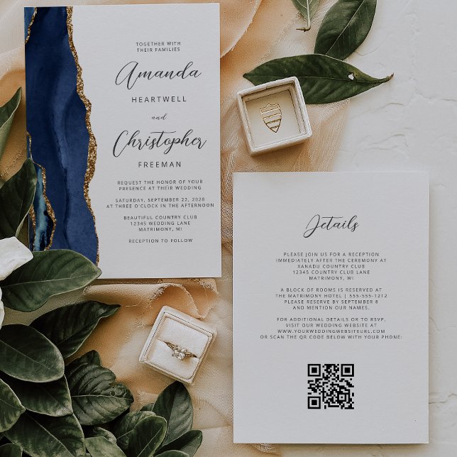 Navy Blue Gold Agate QR Code Wedding Invitation (Creator Uploaded)