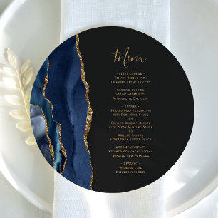 Navy Blue Gold Agate Round Plate Wedding Menu