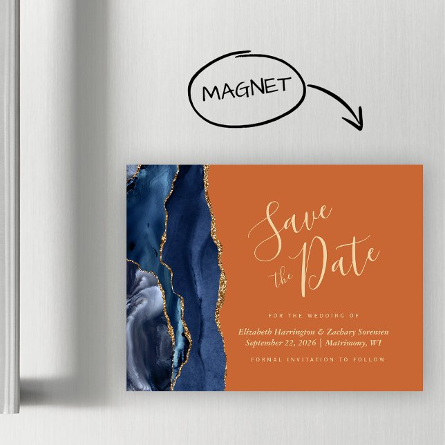 Navy Blue Gold Agate Rust Magnetic Save the Date (Creator Uploaded)