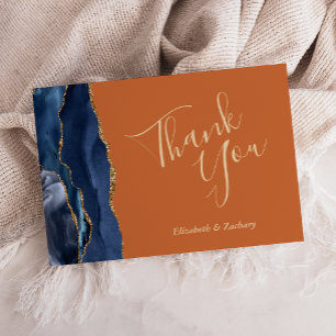 Navy Blue Gold Agate Rust Wedding Flat Thank You Card