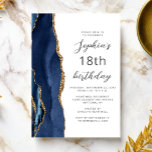 Navy Blue Gold Agate Script 18th Birthday Invitation<br><div class="desc">This elegant modern birthday party invitation features a navy blue watercolor agate border trimmed with gold faux glitter. The customisable text combines charcoal grey script and sans serif fonts on a white background. The reverse side features a matching blue and gold agate design.</div>