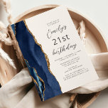 Navy Blue Gold Agate Script 21st Birthday Invitation<br><div class="desc">The left-hand edge of this elegant modern birthday party invitation features a navy blue watercolor agate border trimmed with gold faux glitter. The customisable text combines charcoal grey script and sans serif fonts on a white background. The reverse side features a matching blue and gold agate design.</div>