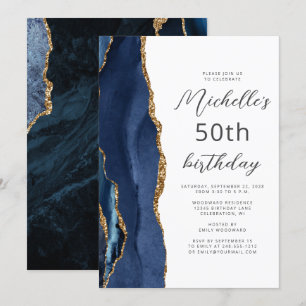 Navy Blue Gold Agate Script 50th Birthday Invitation