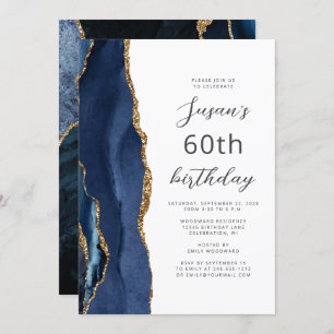 Navy Blue Gold Agate Script 60th Birthday Invitation