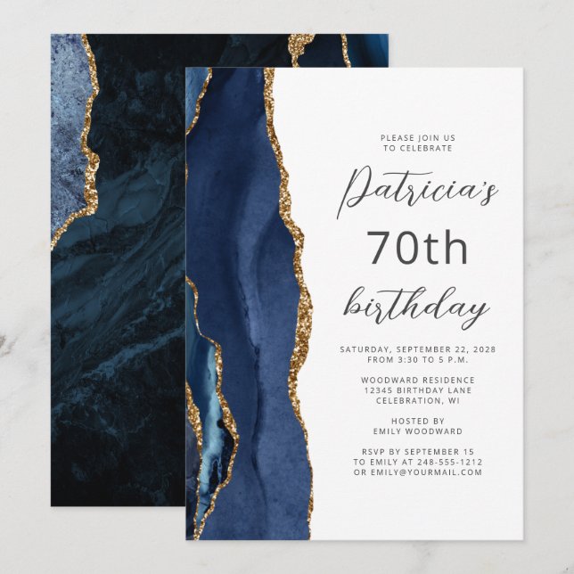 Navy Blue Gold Agate Script 70th Birthday Invitation (Front/Back)