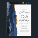 Navy Blue Gold Agate Script 70th Birthday Invitation<br><div class="desc">The left-hand edge of this elegant modern birthday party invitation features a navy blue watercolor agate border trimmed with gold faux glitter. The customisable text combines gold-coloured script and sans serif fonts on a white background. The reverse side features a matching blue and gold agate design.</div>