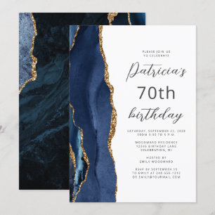 Navy Blue Gold Agate Script 70th Birthday Invitation