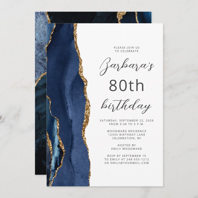 Navy Blue Gold Agate Script 80th Birthday Invitation (Front/Back)
