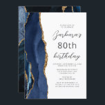 Navy Blue Gold Agate Script 80th Birthday Invitation<br><div class="desc">The left-hand edge of this elegant modern birthday party invitation features a navy blue watercolor agate border trimmed with gold faux glitter. The customisable text combines gold-coloured script and sans serif fonts on a white background. The reverse side features a matching blue and gold agate design.</div>