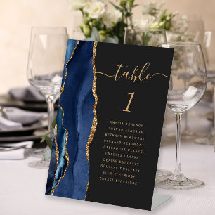 Navy Blue Gold Agate Script Dark Wedding Table Pedestal Sign