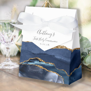 Navy Blue Gold Agate Script First Communion Favour Box