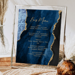 Navy Blue Gold Agate Script Wedding Bar Menu  Poster