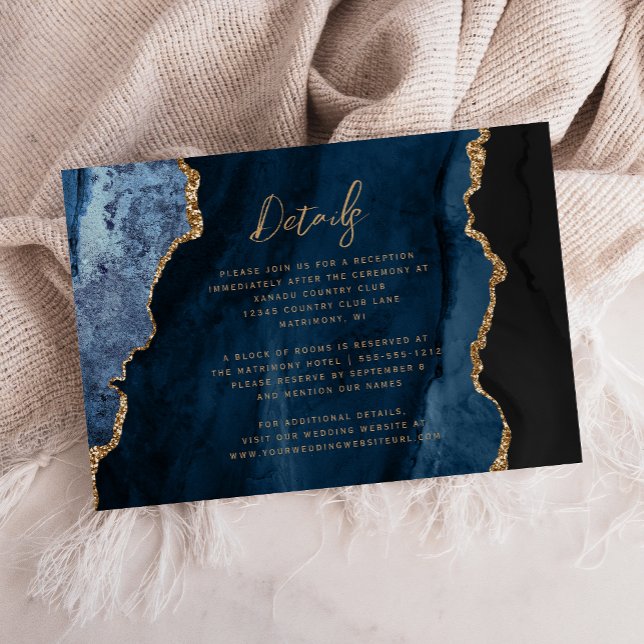 Navy Blue Gold Agate Script Wedding Details Enclosure Card (Creator Uploaded)