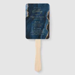 Navy Blue Gold Agate Script Wedding Program Hand Fan