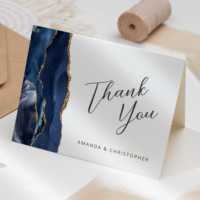 Navy Blue Gold Agate Script Wedding Thank You Card (Creator Uploaded)