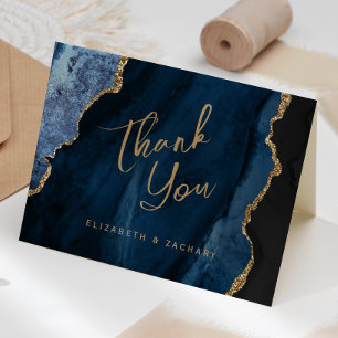 Navy Blue Gold Agate Script Wedding Thank You Card