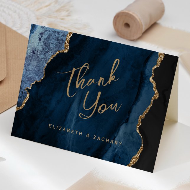 Navy Blue Gold Agate Script Wedding Thank You Card (Creator Uploaded)