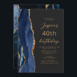 Navy Blue Gold Agate Slate Script 40th Birthday Invitation<br><div class="desc">The left-hand edge of this elegant modern birthday party invitation features a navy blue watercolor agate border trimmed with gold faux glitter. The customisable text combines gold-coloured script and sans serif fonts on a slate black background. The reverse side features a matching blue and gold agate design.</div>