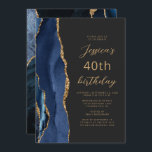 Navy Blue Gold Agate Slate Script 40th Birthday Invitation<br><div class="desc">The left-hand edge of this elegant modern birthday party invitation features a navy blue watercolor agate border trimmed with gold faux glitter. The customisable text combines gold-coloured script and sans serif fonts on a slate black background. The reverse side features a matching blue and gold agate design.</div>