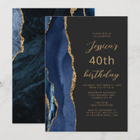 Navy Blue Gold Agate Slate Script 40th Birthday