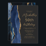 Navy Blue Gold Agate Slate Script 50th Birthday Invitation<br><div class="desc">The left-hand edge of this elegant modern birthday party invitation features a navy blue watercolor agate border trimmed with gold faux glitter. The customisable text combines gold-coloured script and sans serif fonts on a slate black background. The reverse side features a matching blue and gold agate design.</div>