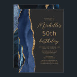 Navy Blue Gold Agate Slate Script 50th Birthday Invitation<br><div class="desc">The left-hand edge of this elegant modern birthday party invitation features a navy blue watercolor agate border trimmed with gold faux glitter. The customisable text combines gold-coloured script and sans serif fonts on a slate black background. The reverse side features a matching blue and gold agate design.</div>