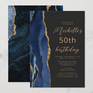 Navy Blue Gold Agate Slate Script 50th Birthday Invitation